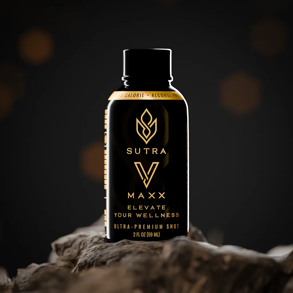 A black and gold bottle of Sutra V Maxx ultra-premium wellness shot sitting on a rugged dark rock with a sophisticated bokeh background.